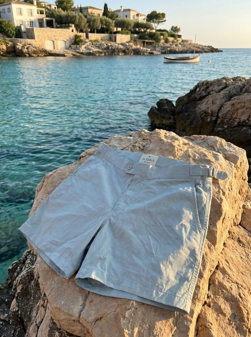 Light blue shorts on a rock with a scenic ocean view and buildings in the background